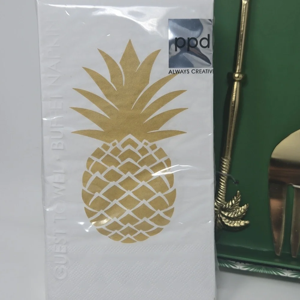 Gold Palm Tree Serving Set, Spreaders, and Dinner Napkins